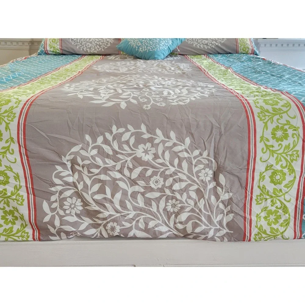 5 Pc Reversible King Comforter Set Floral Vine & Lattice Blue Gray Design